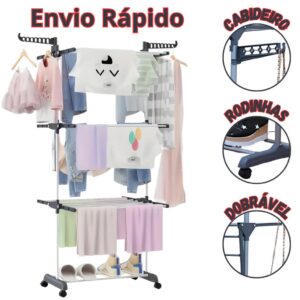 Varal Chão 3 Andares Dobrável Aço Reforçado Com Rodinhas Premium Envio Imediato