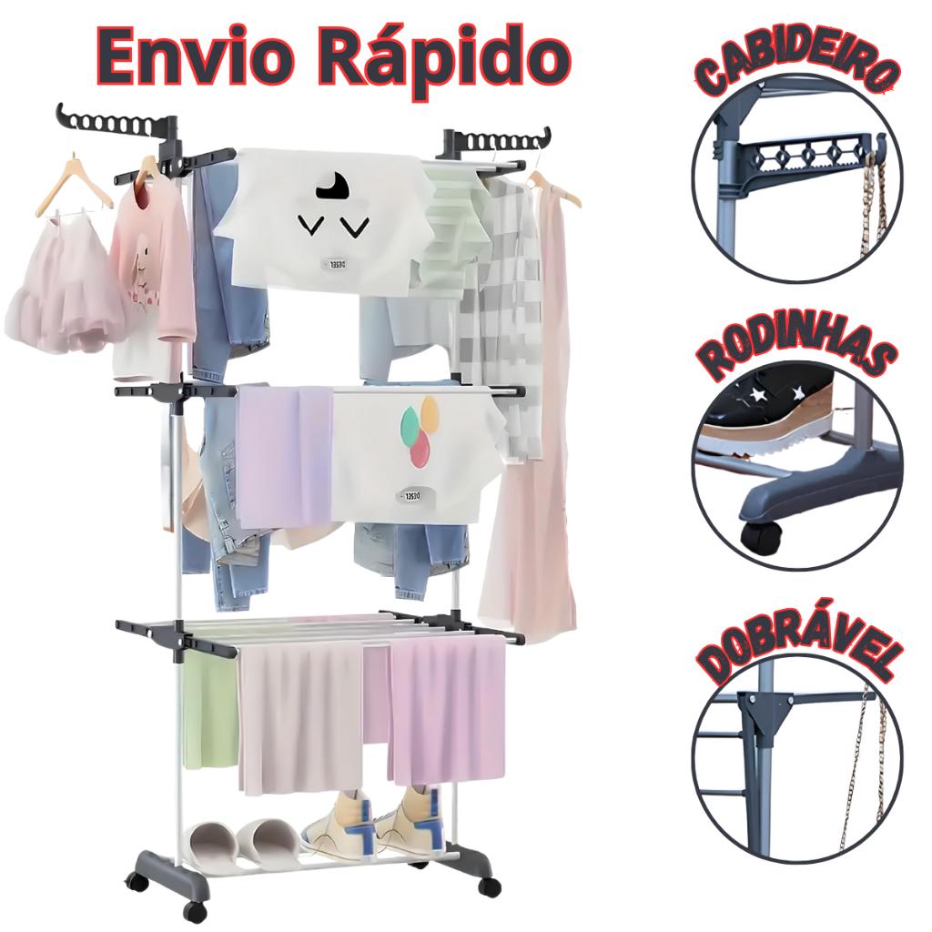 Varal Chão 3 Andares Dobrável Aço Reforçado Com Rodinhas Premium Envio Imediato