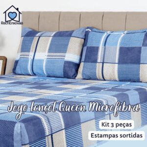 Kit Jogo de Lençol Queen 3 Peças com Elástico 1,98 m x 1,58 m x 0,3 m Altura Estampas Sortidas