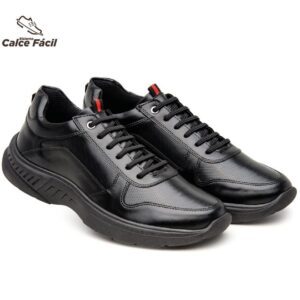 Tênis Sapatênis Casual Masculino Em Couro Sintético Calce Fácil Preto Com Solado Preto