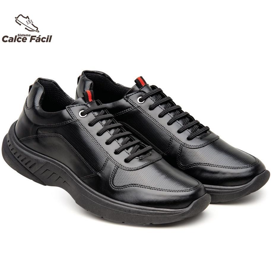 Tênis Sapatênis Casual Masculino Em Couro Sintético Calce Fácil Preto Com Solado Preto