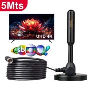Antena Digital 5 metros interna Sinal TV HDTV Base Imã  Externo a prova d'agua