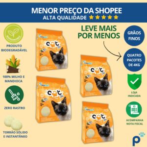 Areia Higiênica Biodegradável Catbio 16 Kg (4 pacotes de 4 kg) - Max Clean - Grãos Finos
