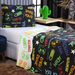 Colcha Cobre Leito Solteiro 2 Peças Dupla Face Porta Travesseiro Estampado Infantil Menino Menina