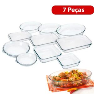Conjunto Marinex Jogo de Travessas 7 peças Variadas em Vidro Temperado próprias P/ Forno