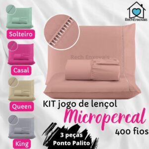 Kit Lençol Cama Casal Queen 400 fios Micropercal 03 Peças Ponto Palito