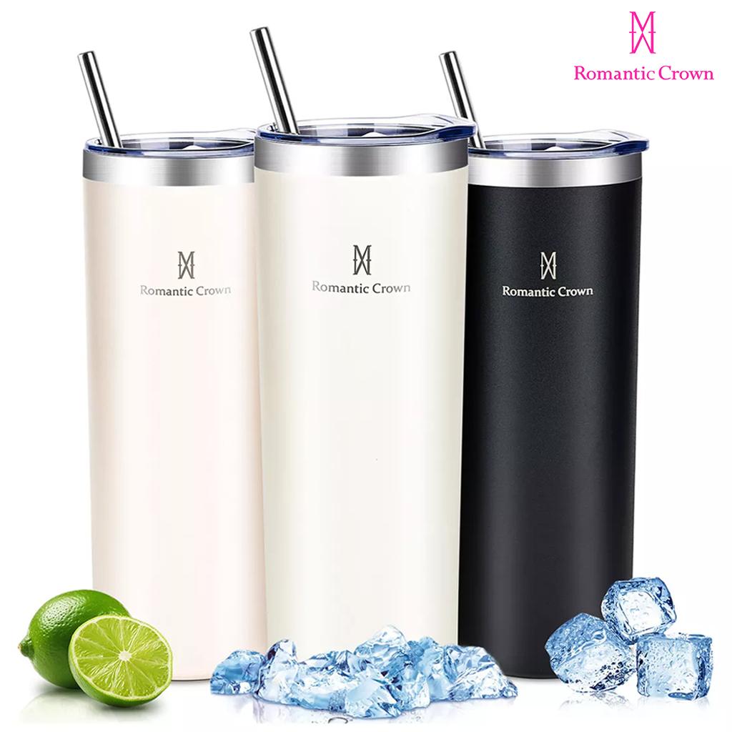 ROMANTIC CROWN Copo Térmico Inox 600ml com Tampa Hermética e Canudo Anti Vazamento de Aço Inoxidável