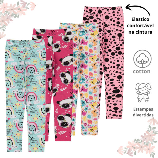 Kit 4 Calças legging estampada menina infantil em cotton SORTIDO tamanhos de 1 ao 16