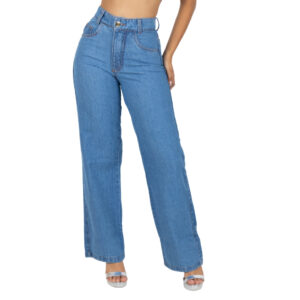 Calça Jeans Wide Leg Pantalona Lisa Barra Feita Cintura Alta
