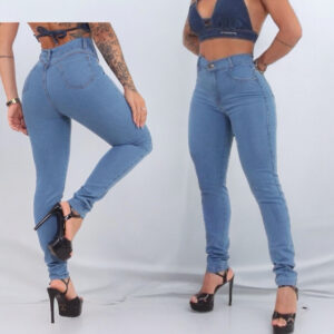 Calça jeans skinny feminina cintura alta com lycra