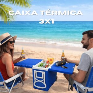 Caixa Térmica Cooler Premium 32L 3 em 1 Multifuncional com Mesa e Rodas Praia Camping Churrasco