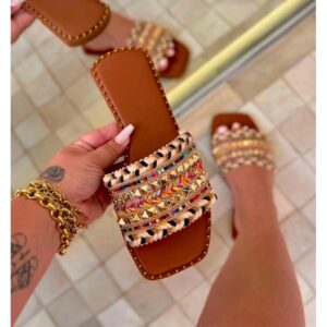 Sandália Rasteira Feminina Boho Chic com Tiras Bordadas | Chinelo Casual Confortável Verão 2026