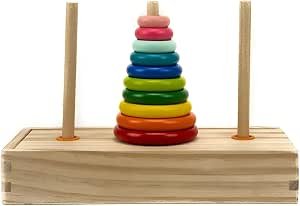 Torre de Hanói Madeira Brinquedo Educativo Montessori Infantil Pinos | Madeira maciça de alta durabilidade, acabamento premium livre de farpas e discos coloridos com pintura atóxica.