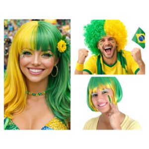 Peruca Brasil Verde e Amarela Copa do Mundo Carnaval Torcedor Festa Fantasia Unissex