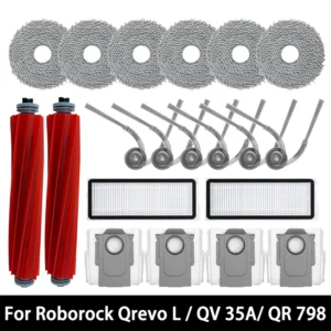 Acessórios para Aspirador Robô Roborock Qrevo L / QR 798 / QV 35A / QR 598: Escova Principal, Escova Lateral, Filtro HEPA, Pano de Limpeza e Saco de Pó