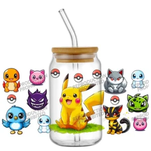 Adesivo UV DTF Pikachu para copo de vidro de 16oz, decalque DTF para copo Libbey, design Pokémon, películas para copos, decoração para casa