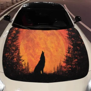 Adesivo de capô de motor de carro lobo animado Howling at Sunset, envoltórios de vinil para automóveis, decalque autoadesivo à prova d'água para veículos, durável e anti-