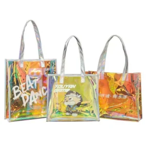 Bolsa Tote de PVC Holográfico Transparente com Impressão Personalizada de Desenho Animado, Bolsa Iridescente Transparente para Presentes, Cosméticos e Compras