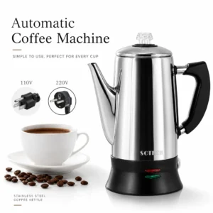 Cafeteira Elétrica de Grande Capacidade 1.8L em Aço Inoxidável para 12 Xícaras, Chaleira Elétrica 110V 220V para Casa e Escritório