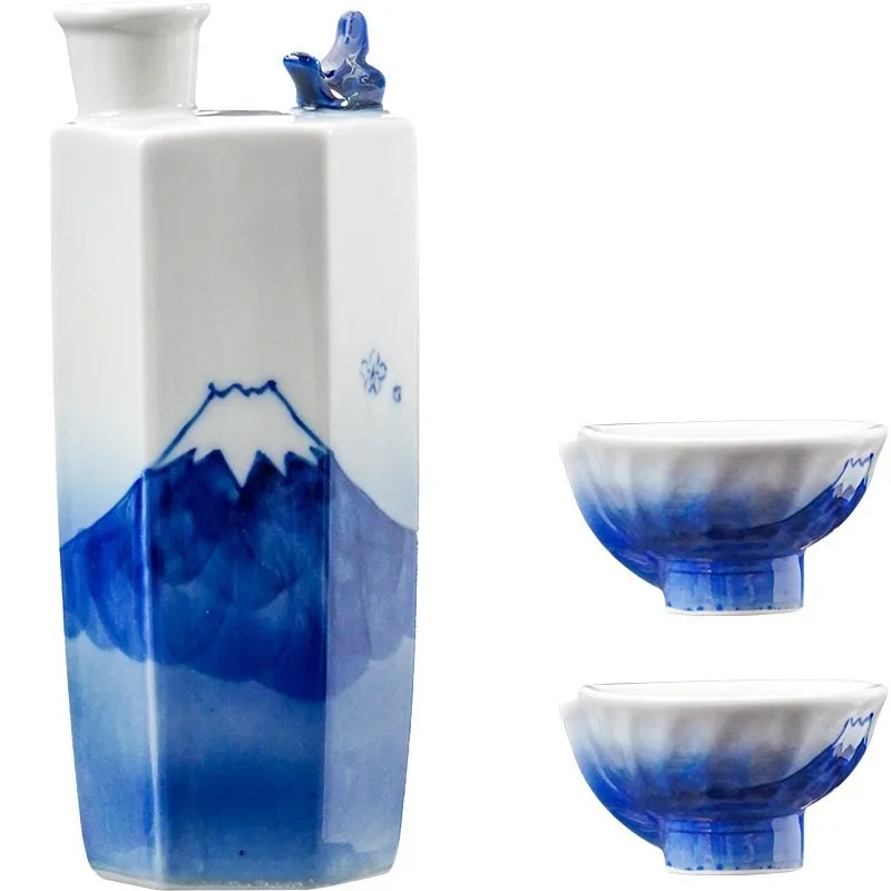 Conjunto de vinho japonês pintado à mão, conjunto de três peças, jarra de vinho com design de pássaros, jarra de vinho perfumado importada.