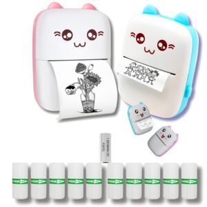 Mini Impressora Portátil Gatinho + 10 Rolos Bobina Adesivo Termico + 1 Comum ( Continuo)