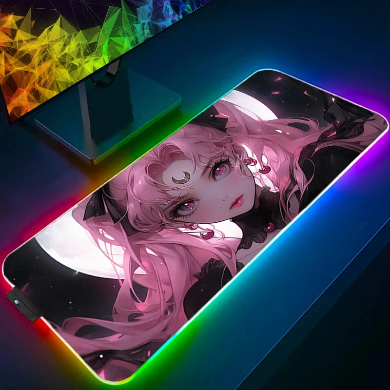 Mouse Pad Grande RGB Gamer com LED Rosa S-Sailor Moons para Teclado e Mouse, Tapete de Mesa para PC, Mouse Pad Kawaii com Luz de Fundo