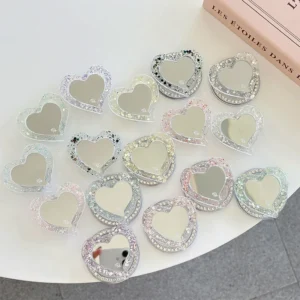 Suporte Magnético para Celular em Formato de Coração com Glitter, Espelho de Maquiagem Adesivo Traseiro Fofo, Suporte de Dedo e Decoração para Celular