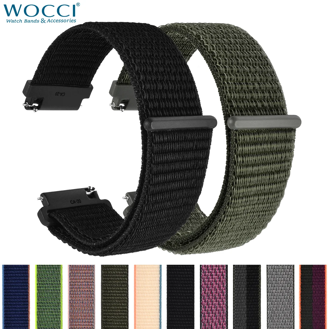 WOCCI-Correia de relógio de nylon para homens e mulheres, cinto com fecho de gancho, relógio inteligente, 18mm, 20mm, 22mm, 2 peças