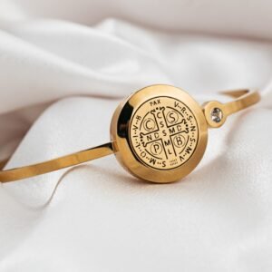 Bracelete Difusor Aromático Feminino Medalha São Bento Aço Inox Dourado Presente Autocuidado