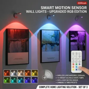 Conjunto de Lâmpadas de Parede com Sensor de Movimento RGB LED, 16 Cores, Reguláveis, Recarregáveis via USB, 2000mAh, Luz Artística Inteligente com Sensor de Presença Humana
