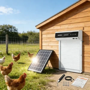 Porta automática de metal para galinheiro com sensor de luz anti- predador, à prova de intempéries, para quintal e fazenda avícola.