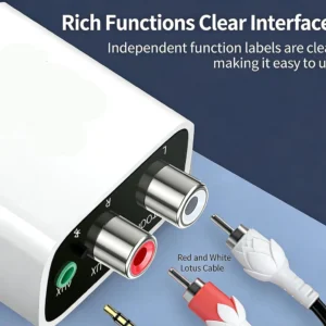 Receptor Bluetooth, transmissor de áudio sem fio, suporte para reprodução de U-Disk, carregamento rápido para fones de ouvido, controle por aplicativo IR para TV, compatível com alto-falantes estéreo antigos.
