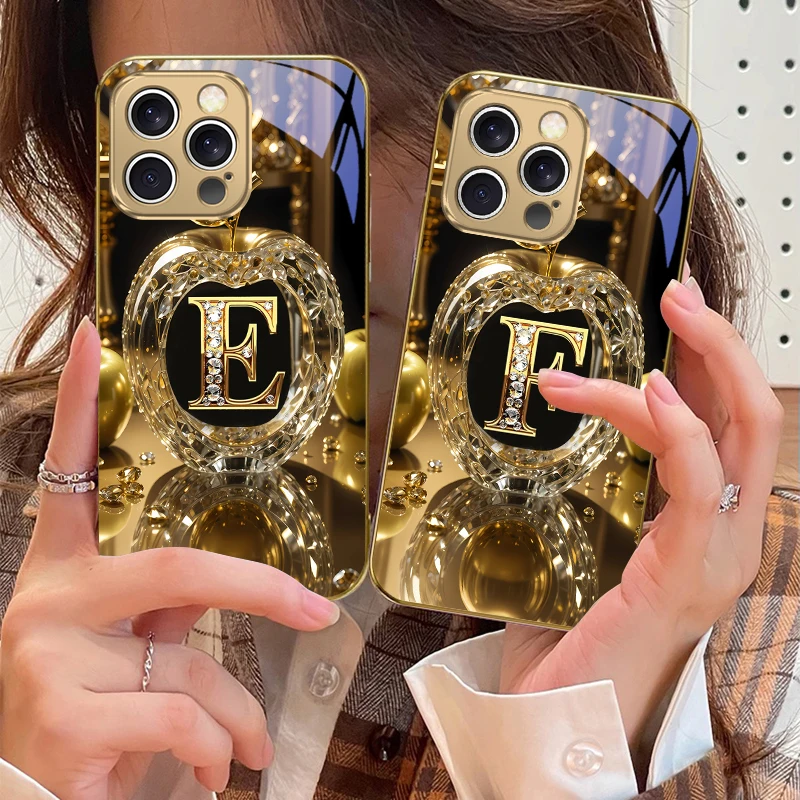 Letra dourada de alta qualidade 'F' para iPhone 16 17Pro Max 15 P ro 14 13 Plus 12 Mini 11Pro Max XR 16E 17 Air capa de telefone de vidro dourado