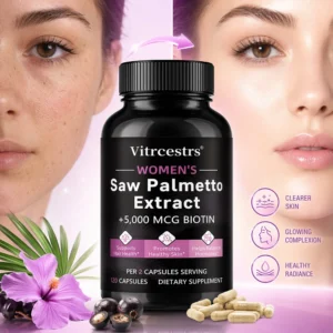 Cápsulas de Saw Palmetto e Biotina para Mulheres, Suplemento para Equilíbrio Hormonal Feminino, Cuidado Saudável para Cabelo e Pele, Suporte Diário para Bem-Estar Corporal