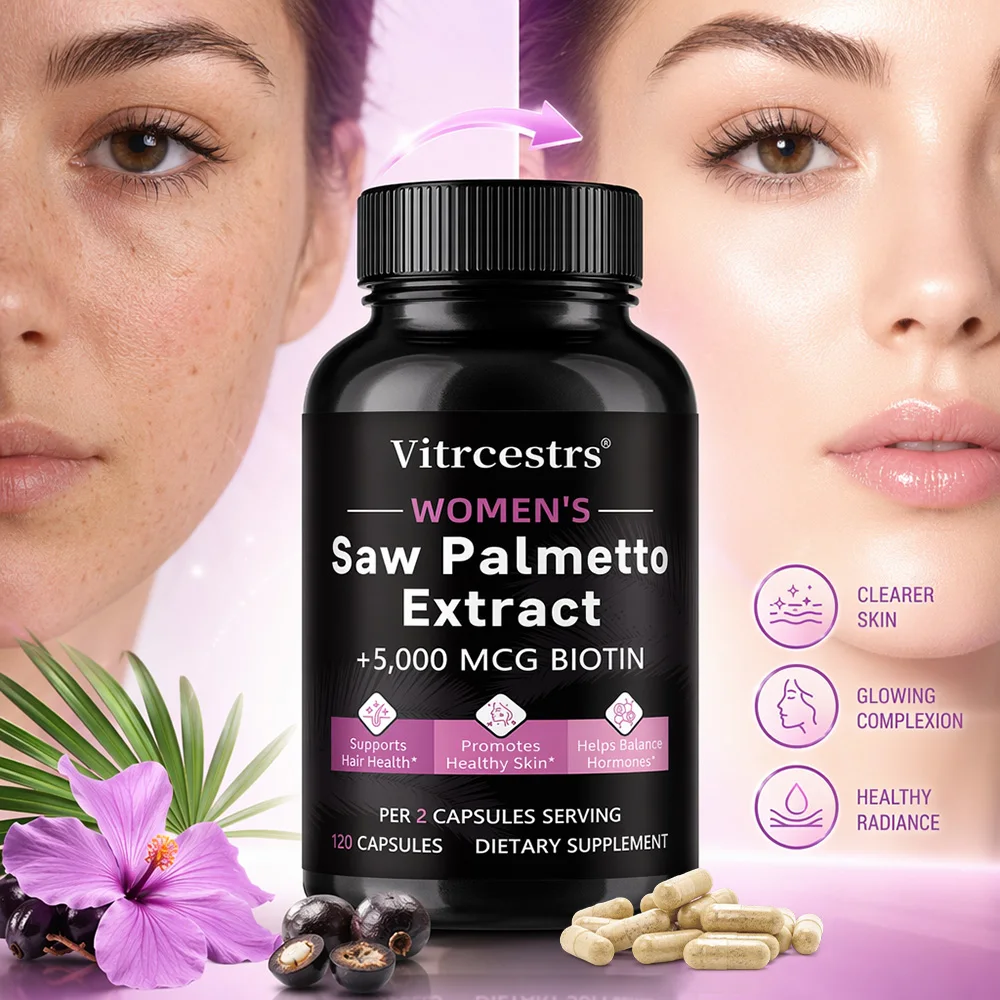 Cápsulas de Saw Palmetto e Biotina para Mulheres, Suplemento para Equilíbrio Hormonal Feminino, Cuidado Saudável para Cabelo e Pele, Suporte Diário para Bem-Estar Corporal