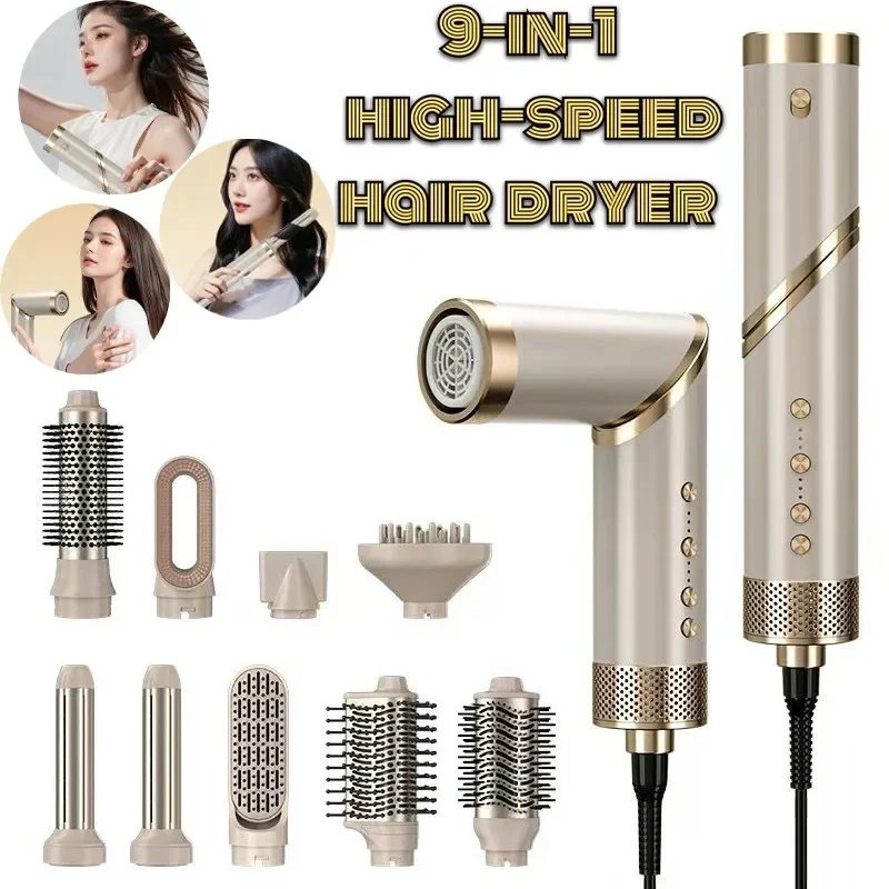 Secador de Cabelo 9 em 1 Profissional com Íons Negativos, Ferro de Ondular, Alisador de Cabelo, Motor Sem Escovas, Secador de Cabelo de Alta Velocidade, Conjunto de Escova Quente