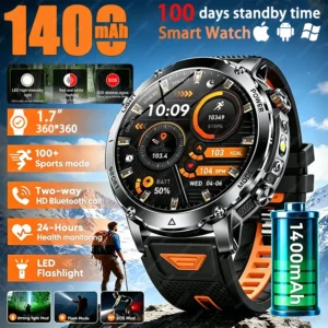 Novo Relógio Inteligente Militar Masculino 2026 para Atividades ao Ar Livre com Bateria de 1400mAh, IP68 à Prova D'água, Monitor de Frequência Cardíaca, Lanterna LED Tática e Pulseira Esportiva Masculina