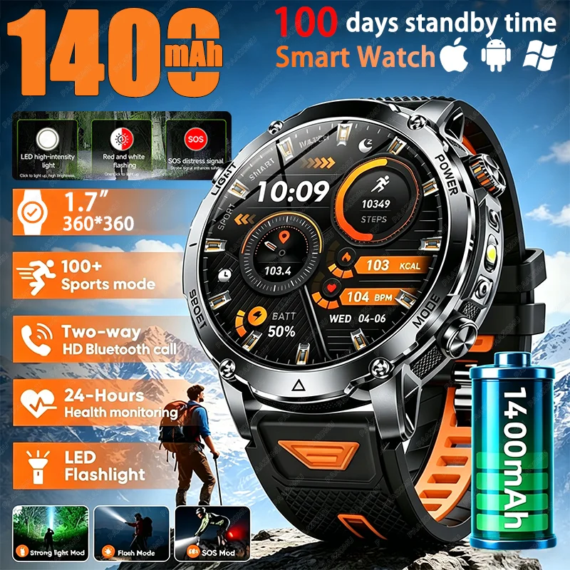 Novo Relógio Inteligente Militar Masculino 2026 para Atividades ao Ar Livre com Bateria de 1400mAh, IP68 à Prova D'água, Monitor de Frequência Cardíaca, Lanterna LED Tática e Pulseira Esportiva Masculina