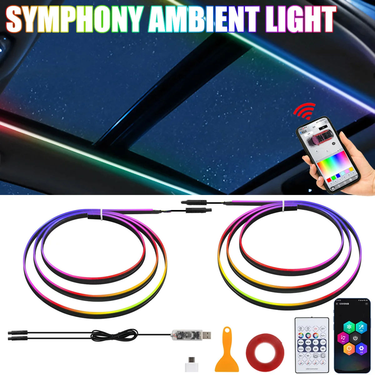 Led clarabóia teto solar do carro luzes ambientes sinfonia rgb interior tira acrílica usb led decoração atmosfera lâmpada painel 110cm