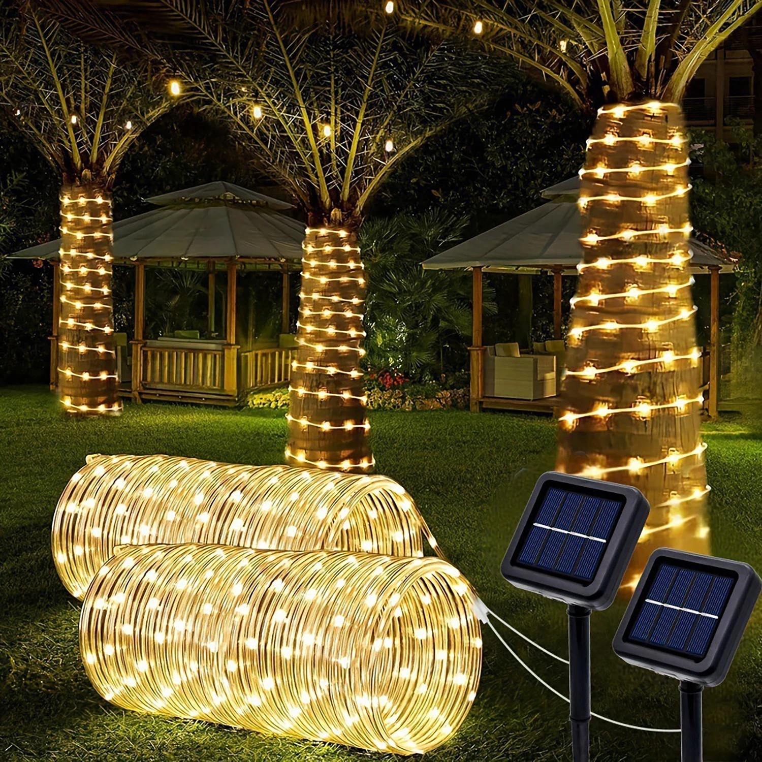Luzes de Corda Solares, Luzes LED Solares para Caminhos, Iluminação Externa para Jardim, Luzes de Corda Solares à Prova d'Água, 8 Modos de Luz