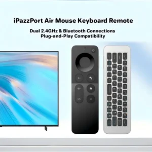 IPazzPort Teclado Sem Fio Mini 2.4G e Bluetooth com Air Mouse - Controle Remoto Portátil Plug & Play para Smart TV, Android TV Box, PC, Projetor