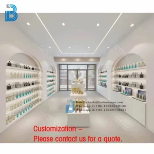 Móveis de Maquiagem Personalizados Modernos em Madeira, Design de Balcão para Loja de Cosméticos