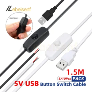 5/10pc 5v interruptor de alimentação fio 1.5m usb macho para 2 núcleos cabo conexão 501 botão liga/desliga para lâmpada tira led luzes diy