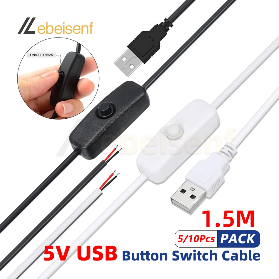 5/10pc 5v interruptor de alimentação fio 1.5m usb macho para 2 núcleos cabo conexão 501 botão liga/desliga para lâmpada tira led luzes diy
