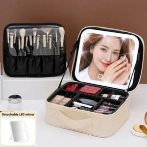 Bolsa de Maquiagem Feminina de Grande Capacidade com Espelho de Luz LED, Estojo de Cosméticos Portátil para Viagem, Organizadores de Ferramentas de Beleza, Caixa de Armazenamento