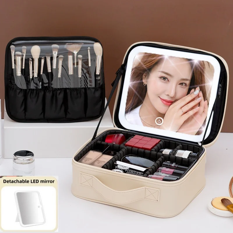 Bolsa de Maquiagem Feminina de Grande Capacidade com Espelho de Luz LED, Estojo de Cosméticos Portátil para Viagem, Organizadores de Ferramentas de Beleza, Caixa de Armazenamento