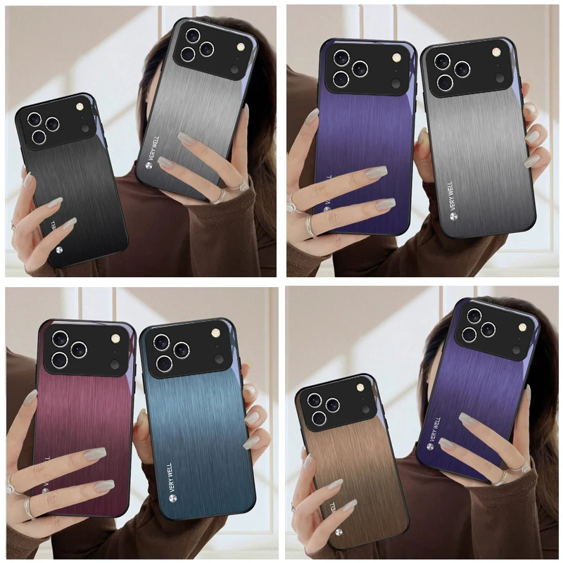Capa de Telefone em Vidro Preto com Acabamento Metálico Ligeiramente Escovado para iPhone 17 Pro Max 16E 15 Plus 14 Pro 13 12mini 11 Air XS Max 5 6 7 8Plus SE