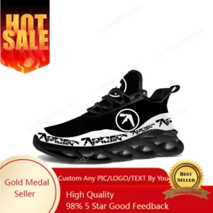 Tênis Aphex Twin Flats para Homens e Mulheres, Calçado Esportivo para DJ e Música, Tênis de Corrida com Cadarço em Malha, Calçado Personalizado Preto
