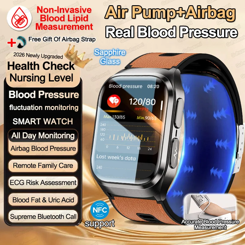 2026 nova pressão arterial bomba de ar airbag medida precisa relógio inteligente masculino não invasivo lipídios no sangue saúde ecg relógios inteligentes nfc