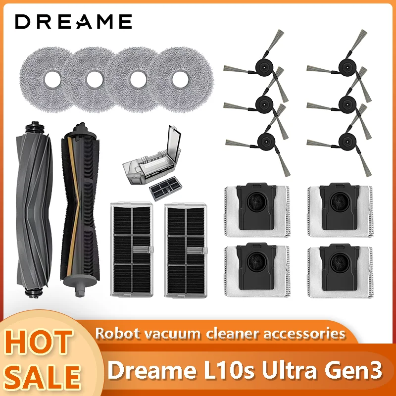 Acessórios para Aspirador Robô Dreame L10s Ultra Gen3 / L30s Pro Ultra: Escova Principal, Escova Lateral, Pano de Limpeza, Filtro HEPA, Saco de Poeira, Peças de Reposição